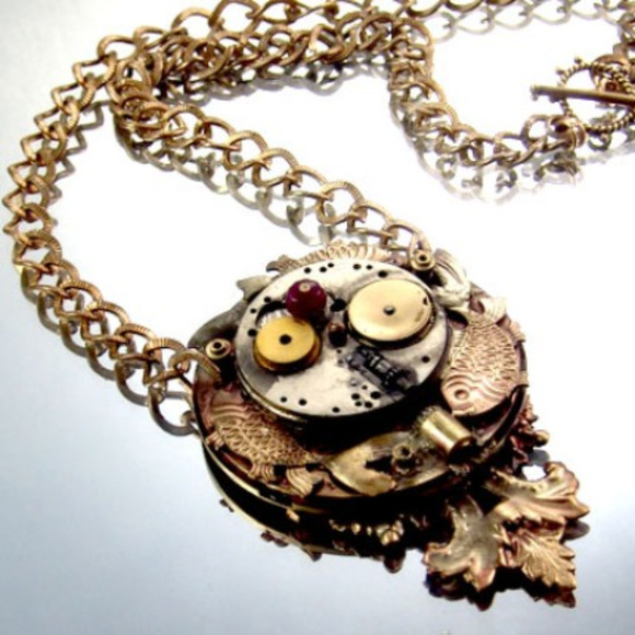 DESIGNER KAY Jewelry - DESIGNER KAY Necklace Steampunk Vtg Watch GP Ruby